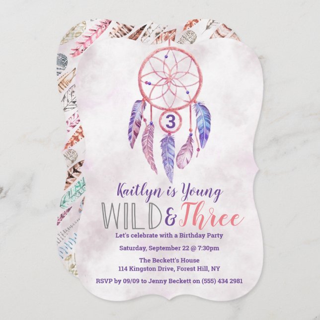 Young, Wild & Three Boho 3rd Birthday Invitations (Front/Back)