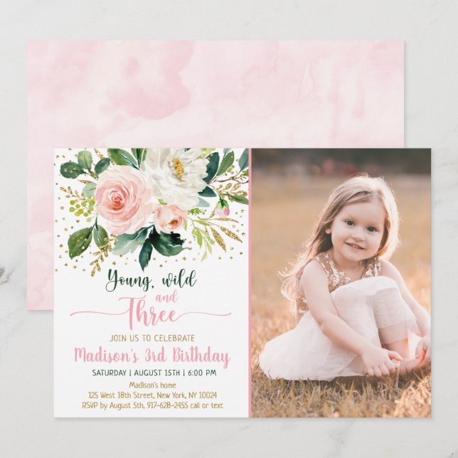 Young Wild & Three Boho Floral Pink Gold Birthday Invitation (Front/Back)