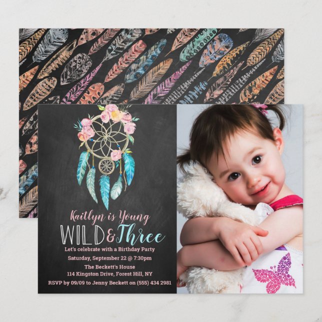 Young, Wild & Three Boho Photo Birthday Invitation (Front/Back)