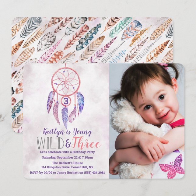 Young, Wild & Three Boho Photo Birthday Invitation (Front/Back)