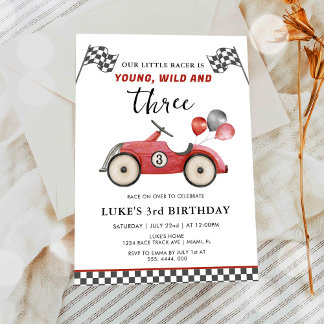 Young Wild & Three Boys Race Car Birthday Invitation