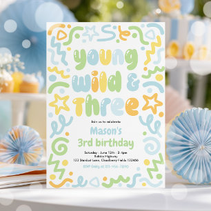 Young Wild & Three Confetti Balloon 3rd Birthday  Invitation