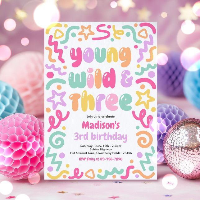 Young Wild & Three Confetti Balloon 3rd Birthday  Invitation (Creator Uploaded)