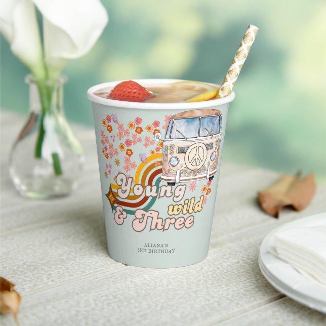 Young Wild & Three Daisy Hippie Van Third Birthday Paper Cups (Insitu)