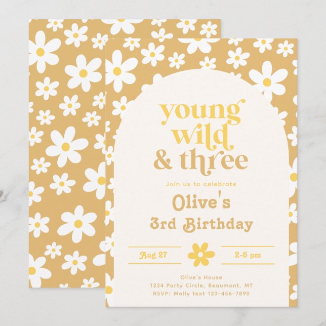 Young, Wild & Three Daisy Invitation | Daisies (Front/Back)