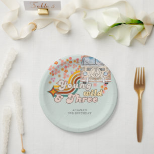 Young Wild & Three daisy Van 3rd birthday retro Paper Plate