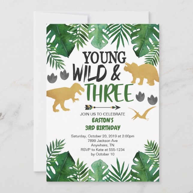 Young Wild & Three Dinosaur 3rd Birthday Invitatio Invitation (Front)