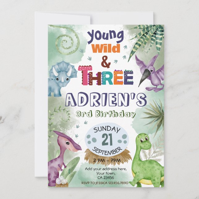 Young Wild & Three Dinosaur Birthday  Invitation (Front)