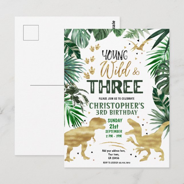 Young Wild & Three Dinosaur Birthday  Postcard (Front/Back)