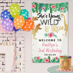 Young Wild & Three Dinosaur Girls 3rd Birthday Banner