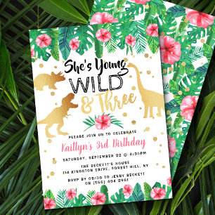Young Wild & Three Dinosaur Girls 3rd Birthday Invitation