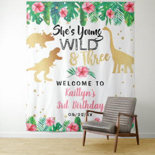 Young Wild & Three Dinosaur Girls 3rd Birthday Tapestry