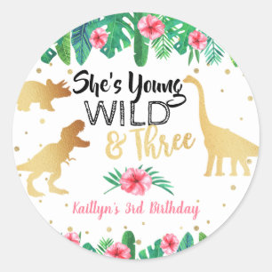 Young Wild & Three Dinosaur Girls Third Birthday Classic Round Sticker