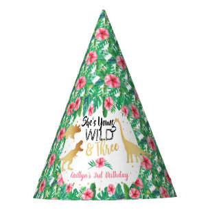Young Wild & Three Dinosaur Girls Third Birthday Party Hat