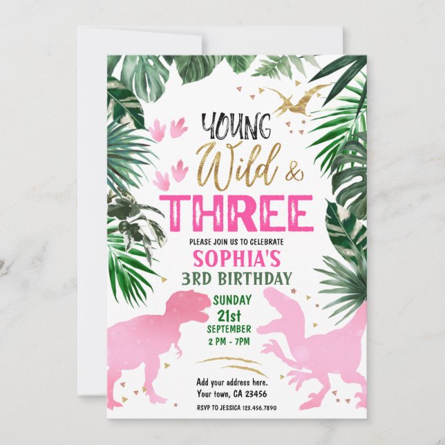 Young Wild & Three Dinosaur pink Birthday Invitation (Front)