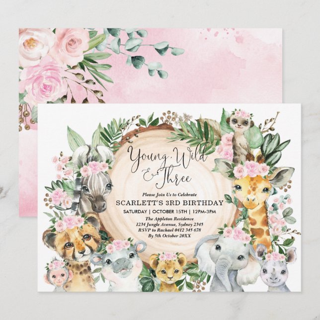 Young Wild & Three Floral Girl Jungle 3rd Birthday Invitation (Front/Back)