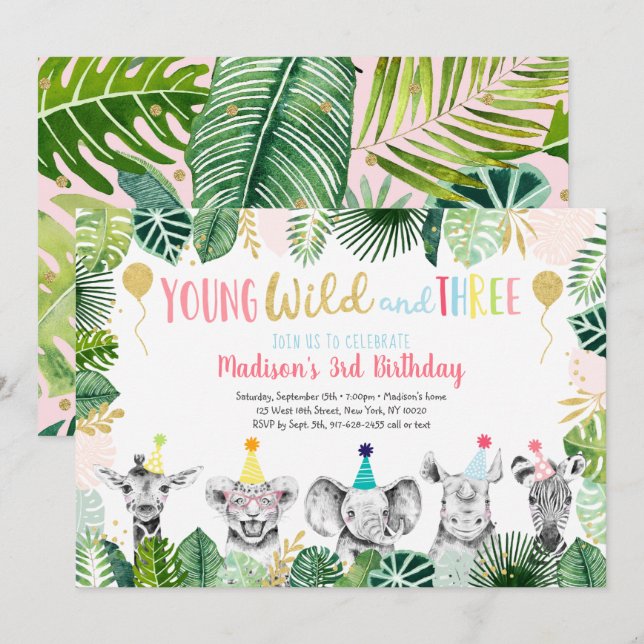 Young Wild & Three Girl Safari Birthday Invitation (Front/Back)