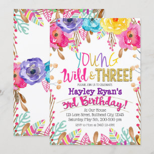 Young Wild & Three Girls Boho Floral 3rd Birthday Invitation