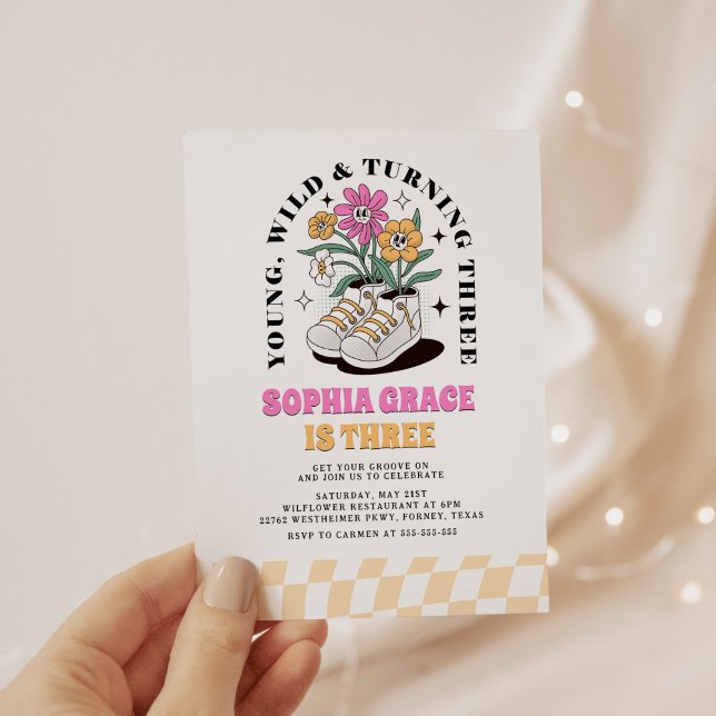 Young Wild Three Groovy Daisy 3rd Birthday Invitation (Creator Uploaded)