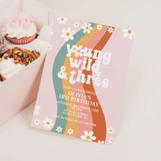 Young Wild Three Groovy daisy rainbow 3rd birthday Invitation