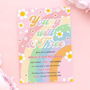 Young Wild Three Groovy Daisy Rainbow 3rd Birthday Invitation