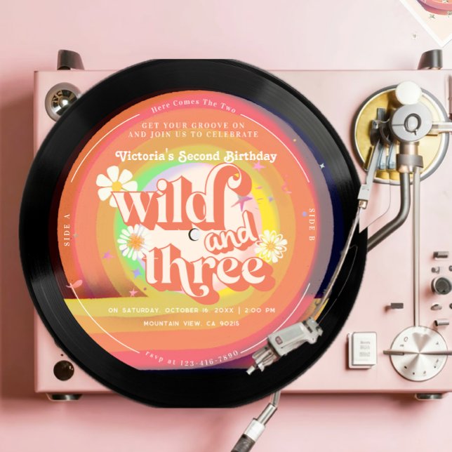 Young Wild Three Groovy daisy rainbow Invitation (Creator Uploaded)