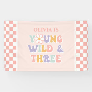 Young Wild Three Groovy Pink Daisy Chequered Banner