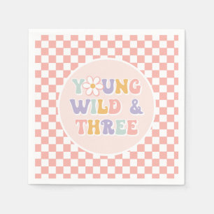 Young Wild Three Groovy Pink Daisy Chequered Napkin