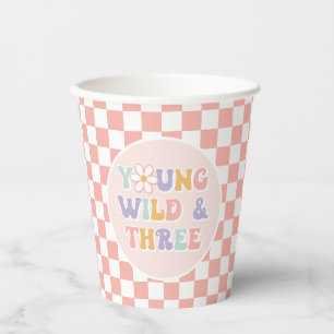 Young Wild Three Groovy Pink Daisy Chequered Paper Cups