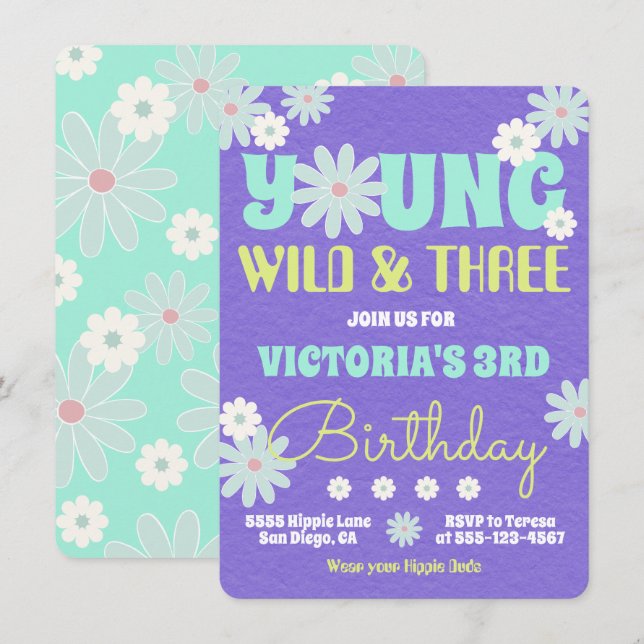 Young Wild & Three Hippie Birthday Party Invitation (Front/Back)