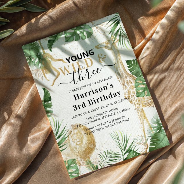 Young, Wild & Three Jungle Greenery Birthday Party Invitation (Creator Uploaded)