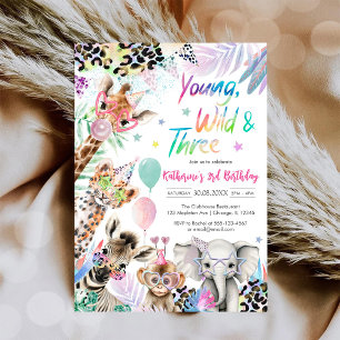 Young Wild & Three Jungle Safari 3rd Birthday Invitation