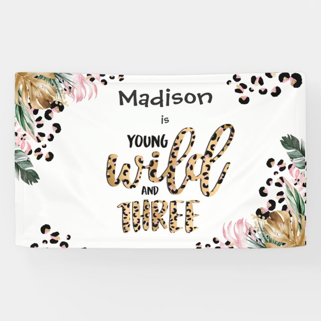 Young Wild & Three Leopard Print Jungle Birthday  Banner (Horizontal)