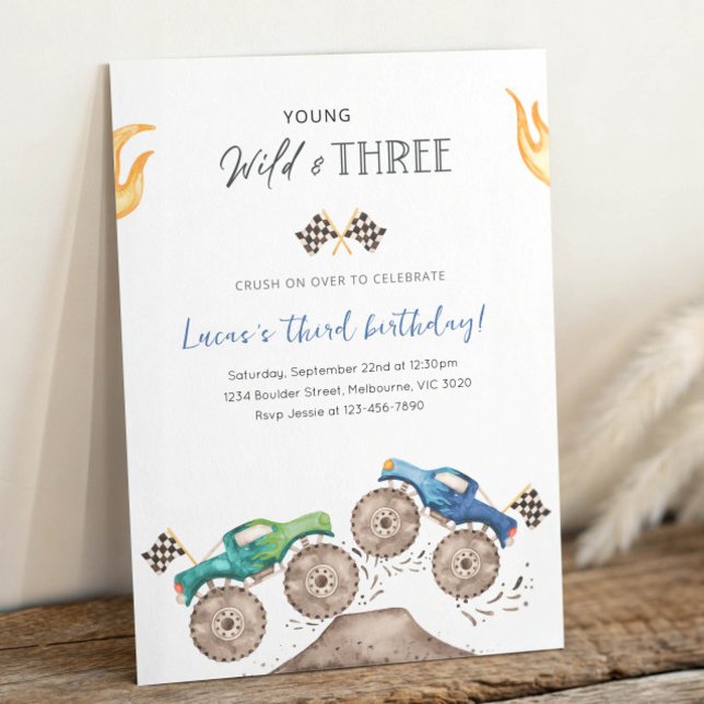 Young, Wild & Three Monster Truck 3rd Birthday Invitation (Creator Uploaded)