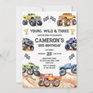 Young, Wild & Three Monster Truck Boy 3rd Birthday Invitation