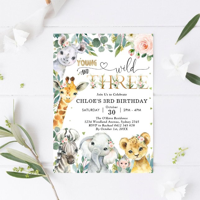 Young Wild & Three Party Animals Girl 3rd Birthday Invitation (Creator Uploaded)