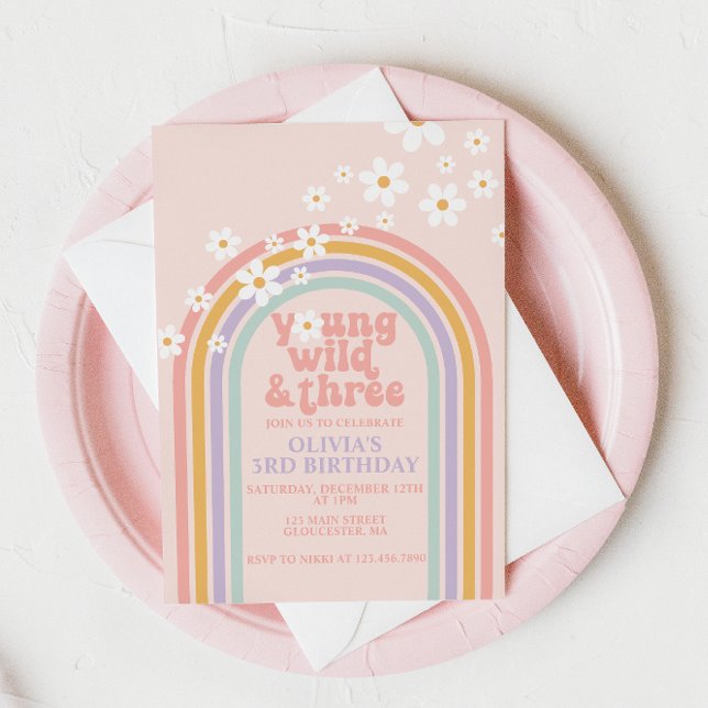 Young Wild Three Pastel rainbow 3rd birthday Invitation (Creator Uploaded)
