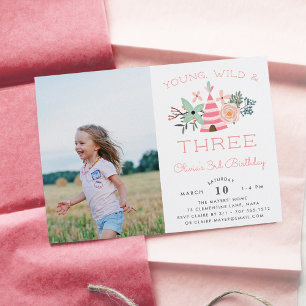 Young, Wild & Three   Photo Birthday Party Invite