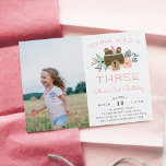 Young, Wild & Three | Photo Birthday Party Invite<br><div class="desc">Adorable boho style party invitation's for your little one's third birthday party feature a sweet rosy cheeked bear wearing a feather, flanked by pastel flowers and leaves. "Young, wild and three" appears in peach lettering. Personalise with your 3 year old's birthday party details in modern and whimsical peach and grey...</div>