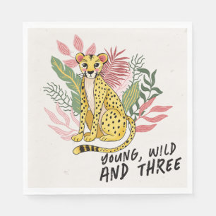 Young Wild Three Pink Cheetah Kids Birthday Party Napkin