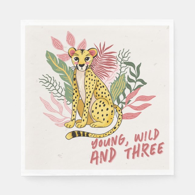 Young Wild Three Pink Cheetah Kids Birthday Party Napkin (Front)