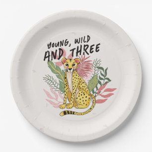 Young Wild Three Pink Cheetah Kids Birthday Party Paper Plate