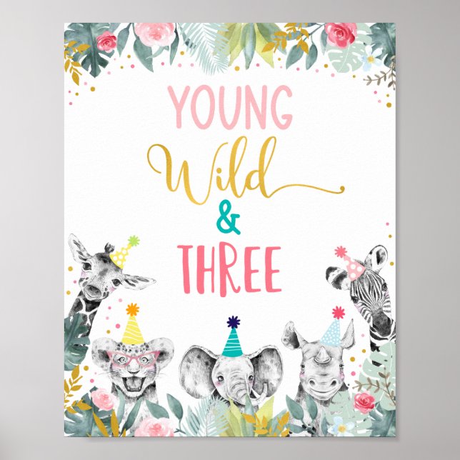 Young Wild & Three Pink Party Animal Birthday Sign (Front)