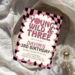 Young Wild & Three Pink Retro Girl 3rd Birthday Invitation