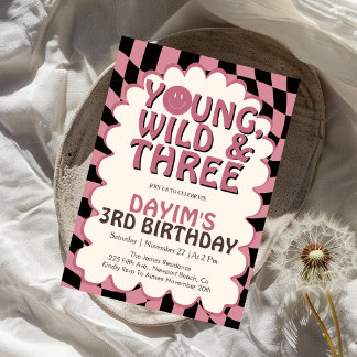 Young Wild & Three Pink Retro Girl 3rd Birthday Invitation