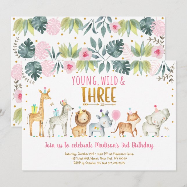 Young Wild & Three Pink Safari Birthday Invitation (Front/Back)