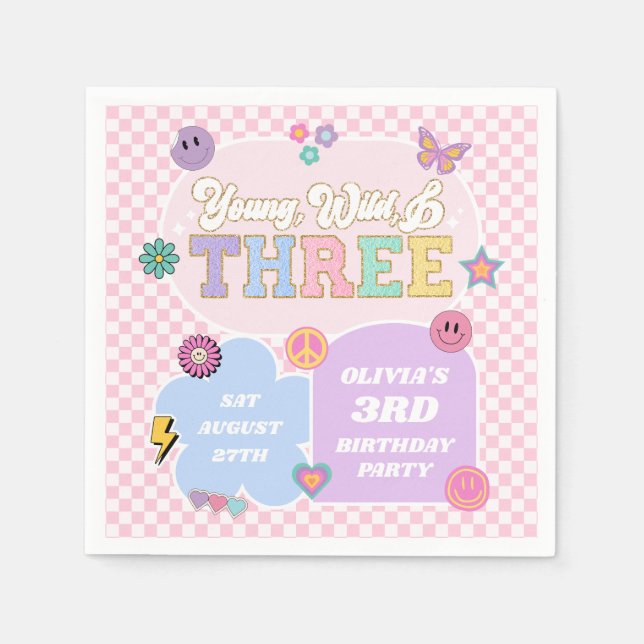 Young Wild & Three Preppy Patch 3rd Birthday Party Napkin (Front)