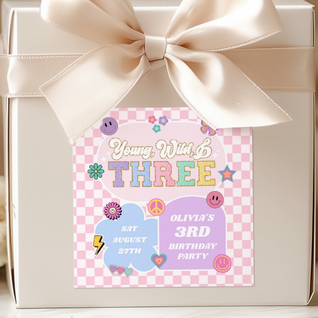 Young Wild & Three Preppy Patch 3rd Birthday Party Square Sticker (Creator Uploaded)