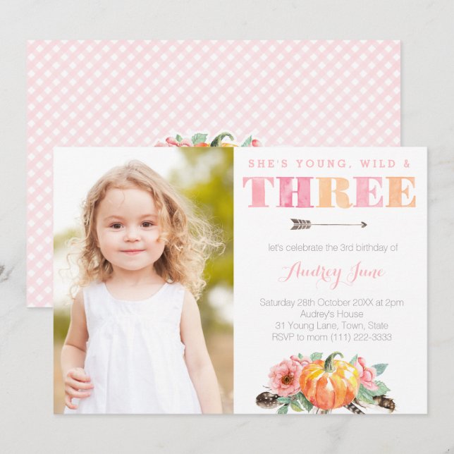 Young Wild & Three Pumpkin Girl 3rd Birthday Party Invitation (Front/Back)