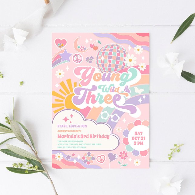 Young Wild & Three Rainbow Disco Sun 3rd Birthday  Invitation (Creator Uploaded)